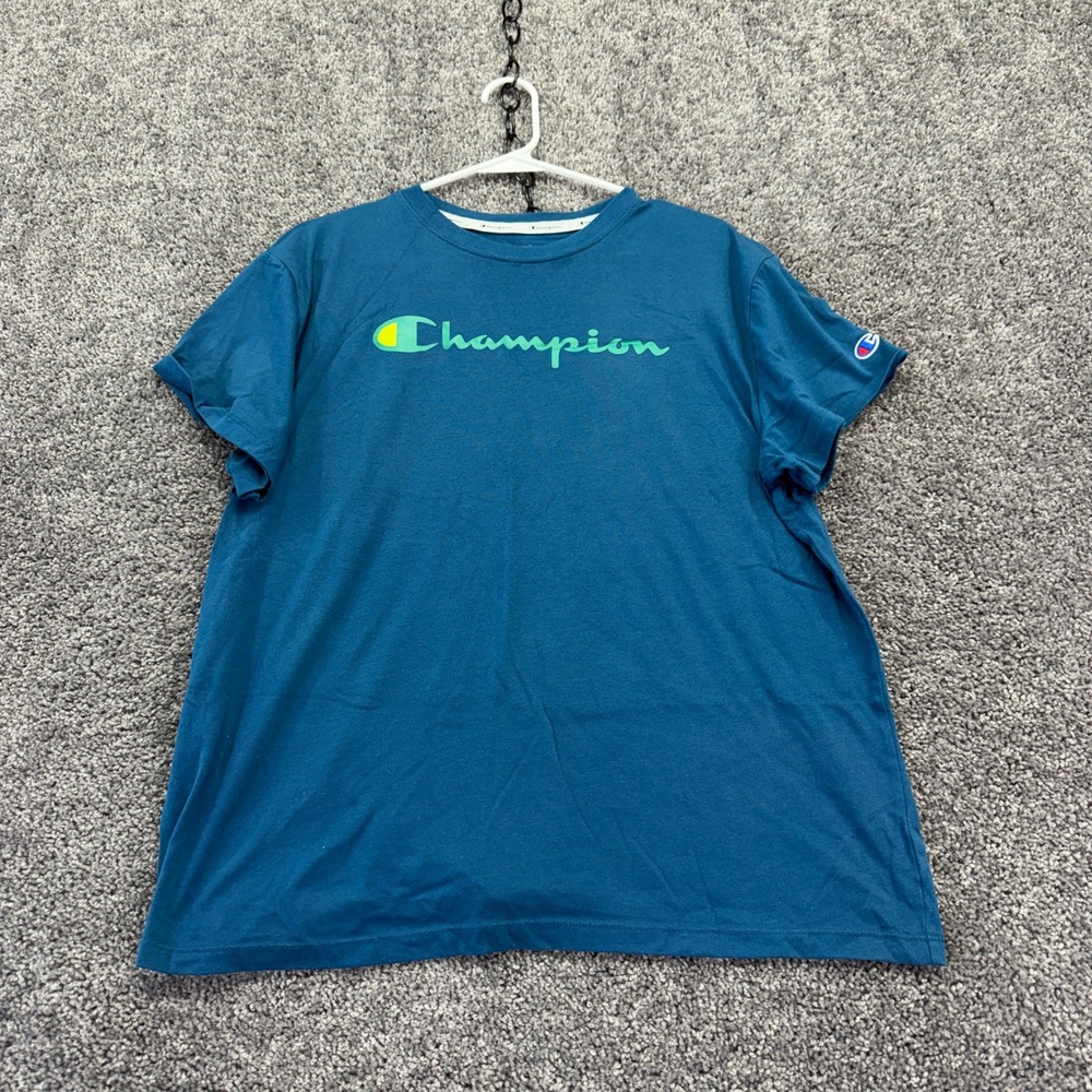 Champion T Shirt Womens 2XL Blue Script Logo Graphic Short Sleeve Cotton Blend